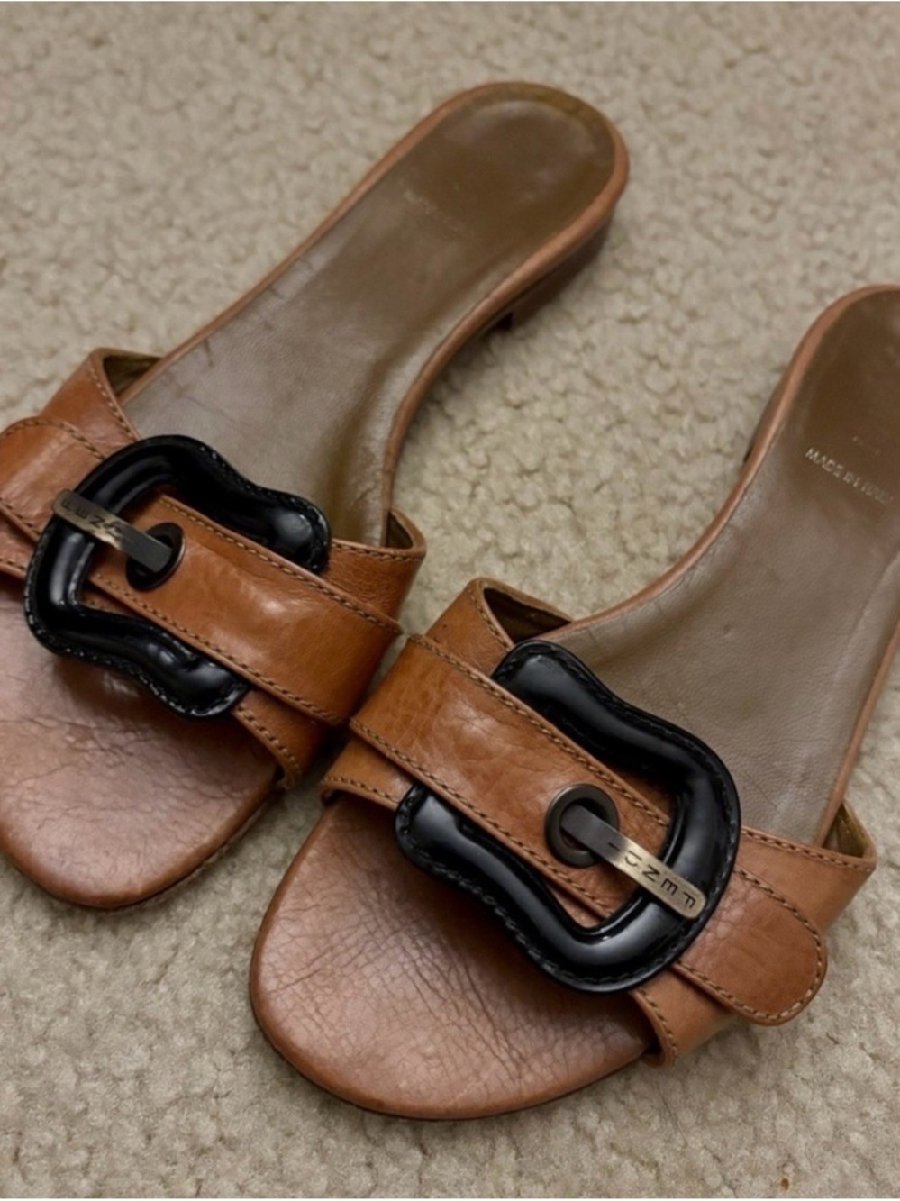 Fendi Brown Leather Slides with Black Buckle Accent